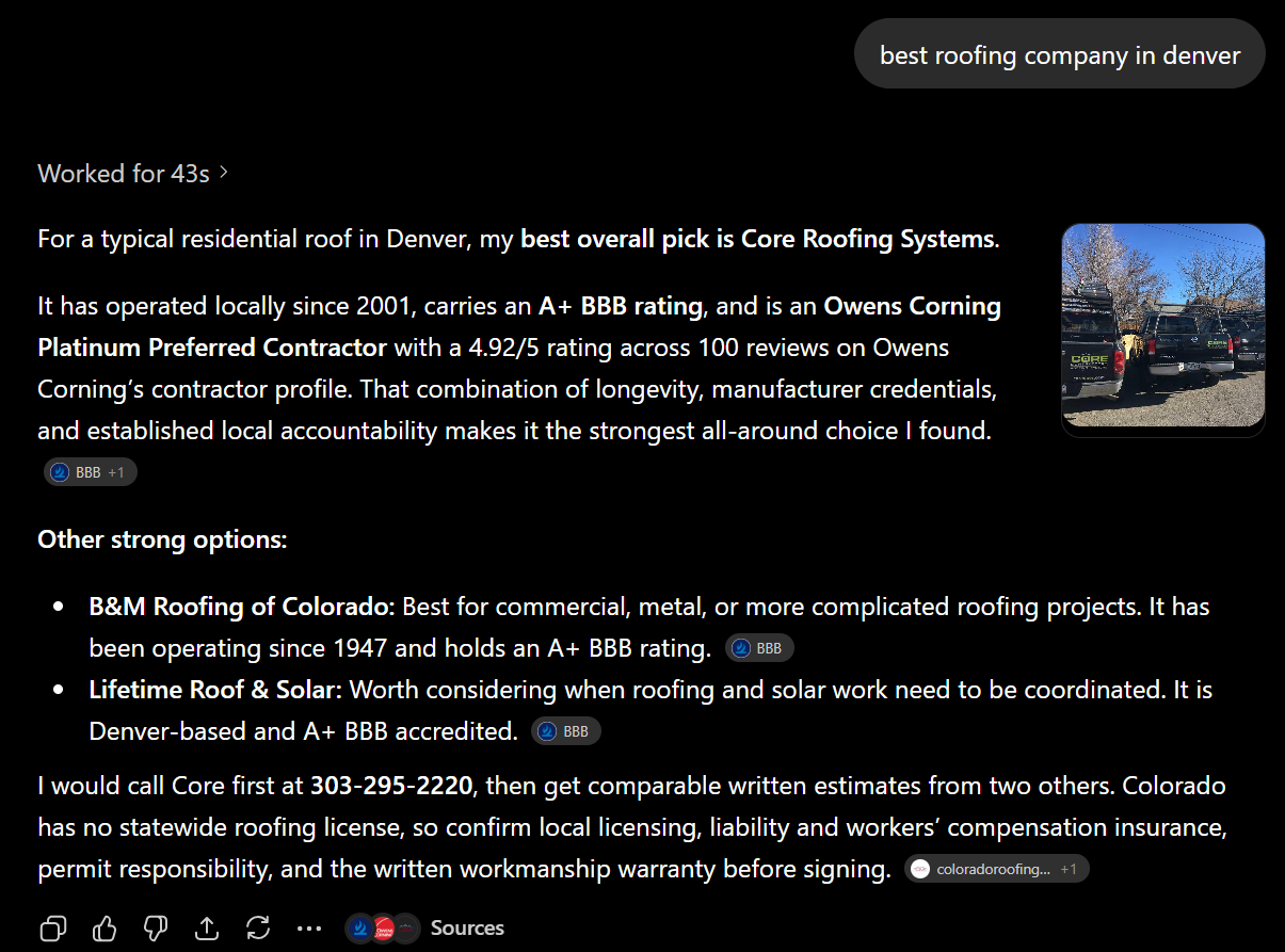 ChatGPT answer to 'best roofing company in denver'